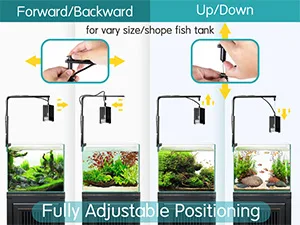 Hygger aquarium adjustable positioning for various fish tank sizes with forward/backward and up/down movement options