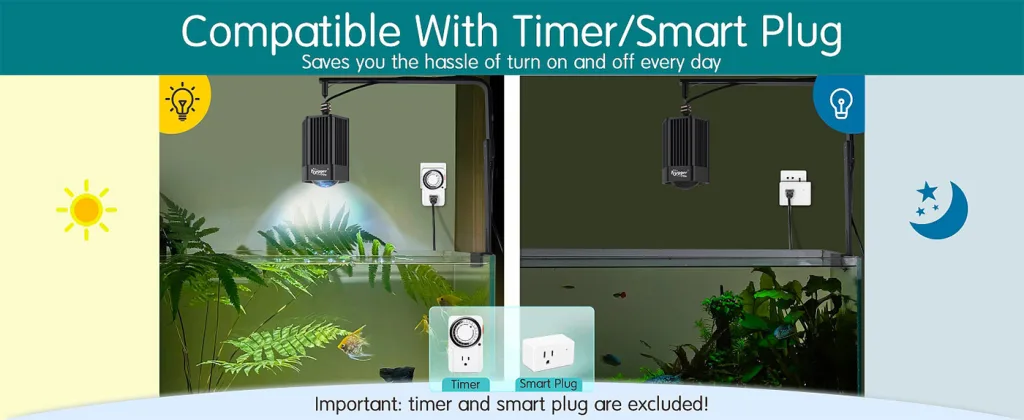 Hygger aquarium light compatible with timer and smart plug for automatic on/off control, saving daily hassle with sun and moo