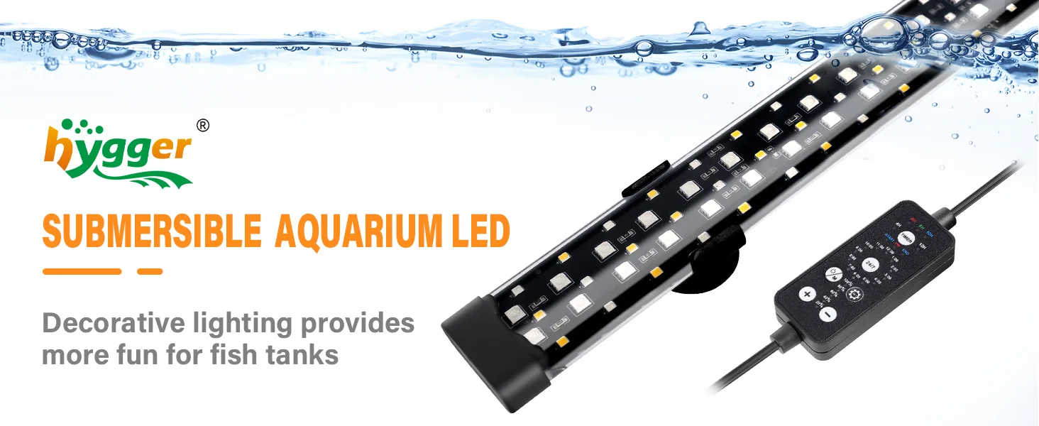 Hygger submersible aquarium LED light with adjustable settings and water-resistant design for decorative fish tank lighting