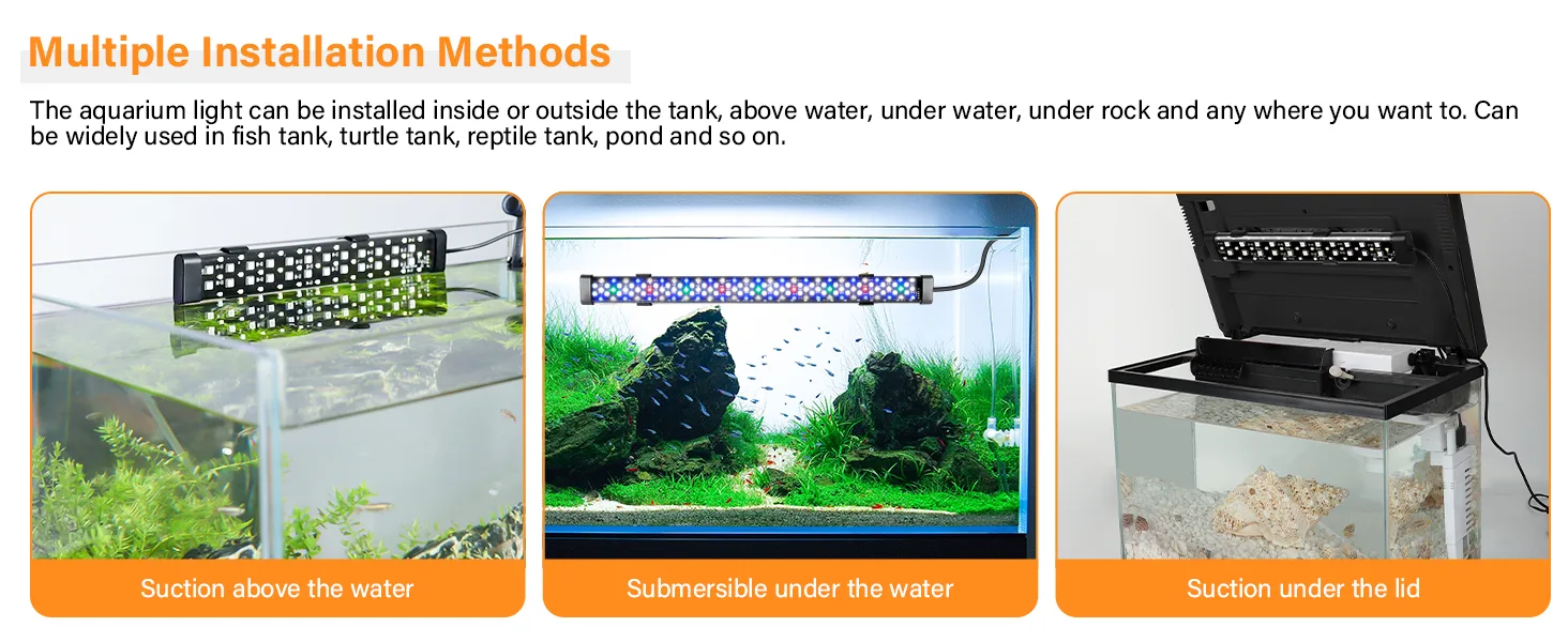 Hygger aquarium light with multiple installation methods: suction above water, submersible under water, and suction under the