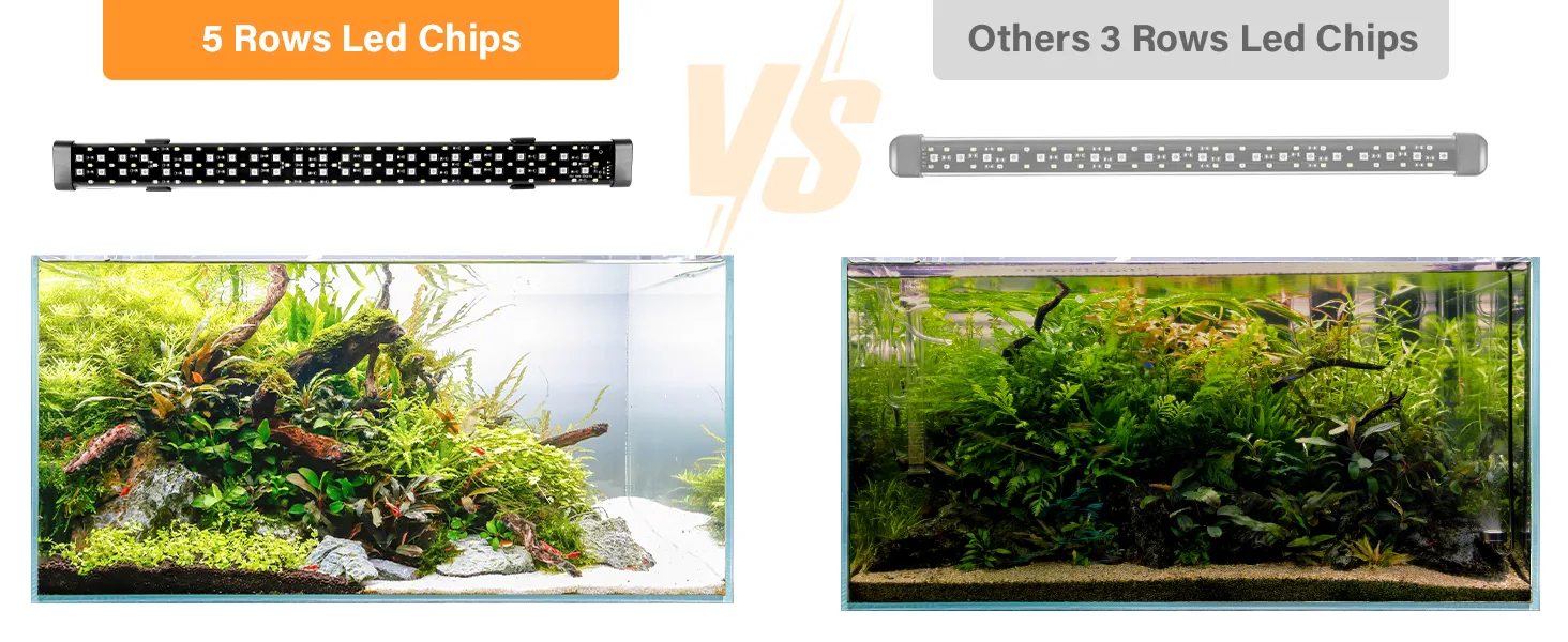 Hygger aquarium LED light comparison: 5-row vs 3-row chips showing vibrant plant growth in planted tanks