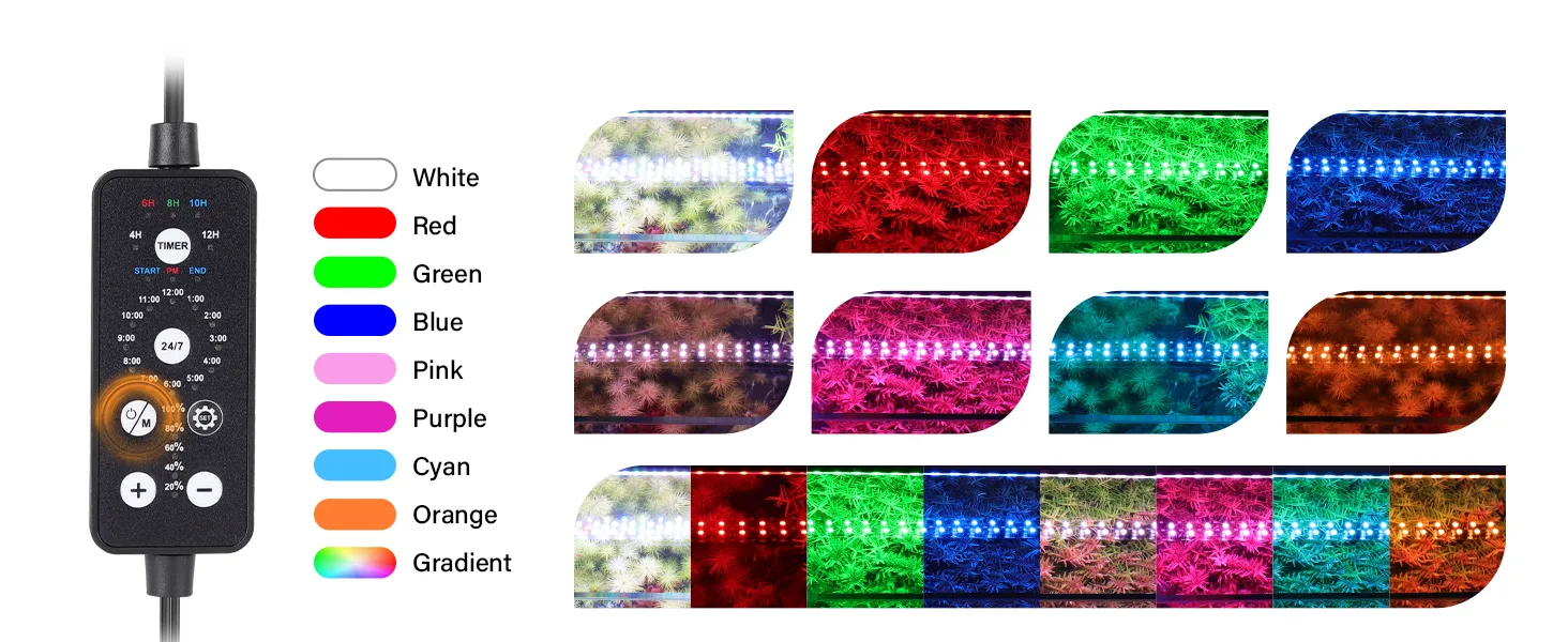 Hygger aquarium LED light controller with color options: White, Red, Green, Blue, Pink, Purple, Cyan, Orange, Gradient. Timer