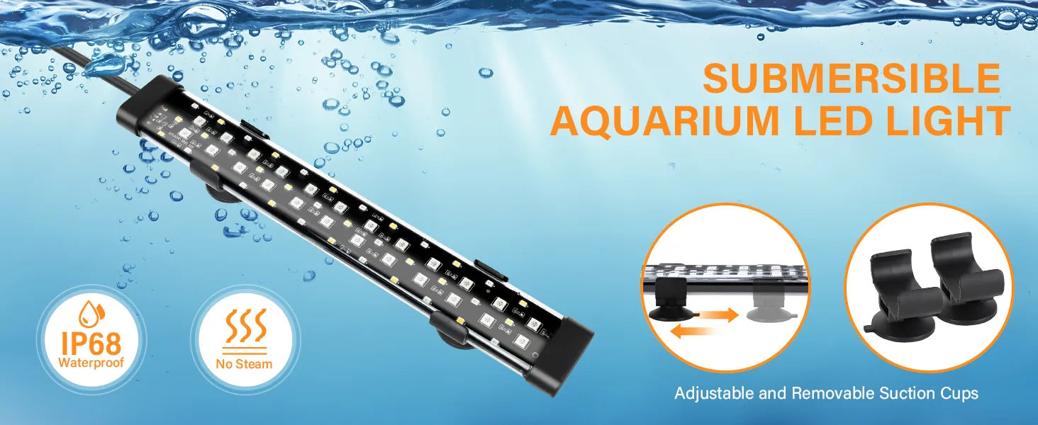 Submersible aquarium LED light with IP68 waterproof, adjustable suction cups, and no steam feature for underwater use.