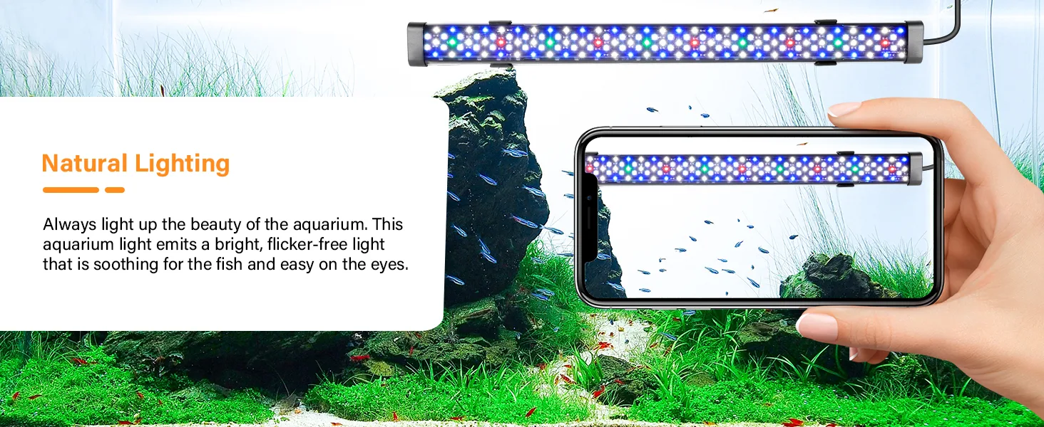 Hygger aquarium LED light bar with natural lighting, showing vibrant fish tank with green plants and rocks, smartphone displa