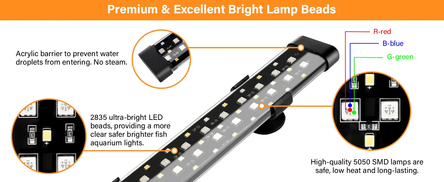 Hygger aquarium LED light bar with 2835 ultra-bright LEDs, acrylic barrier, and RGB color options for clear, safe, and long-l