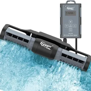 Hygger DC Cross Wave Maker aquarium pump creating gentle water flow in a pool with digital controller