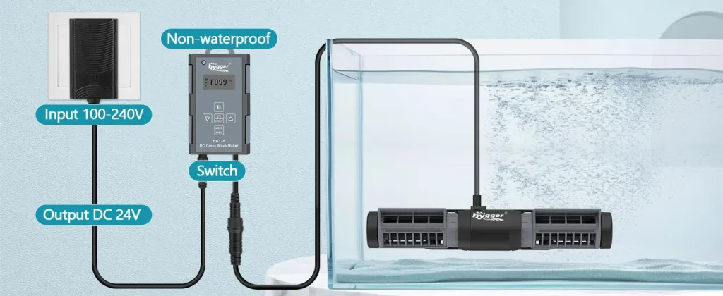Hygger DC Cross Wave Maker for aquariums with non-waterproof switch and 100-240V input, 24V output