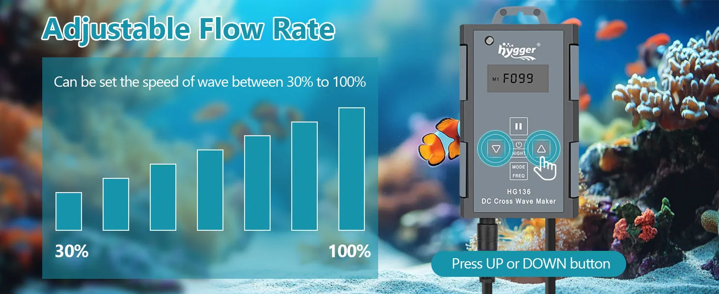 Hygger DC Cross Wave Maker adjustable flow rate control from 30% to 100% for aquariums with bar graph display and button inte