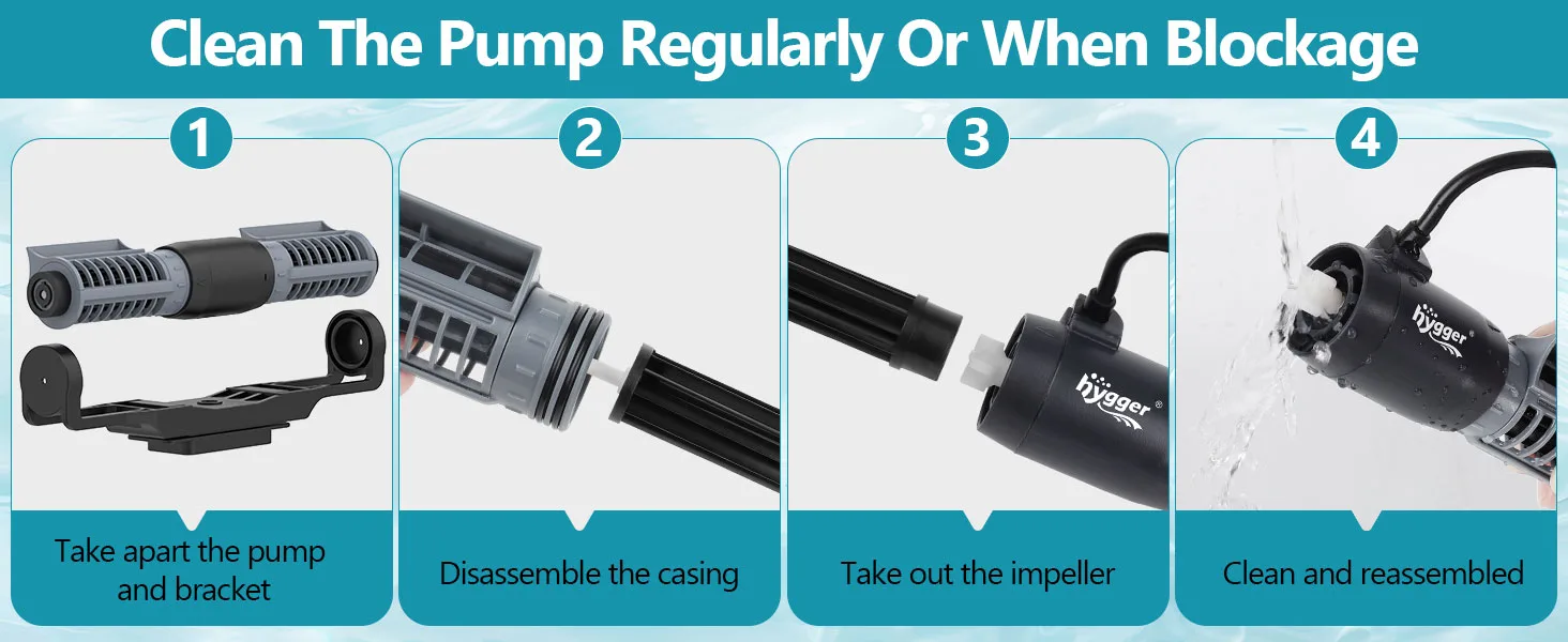 Step-by-step guide to clean hygger aquarium pump: disassemble, remove impeller, clean parts, reassemble.