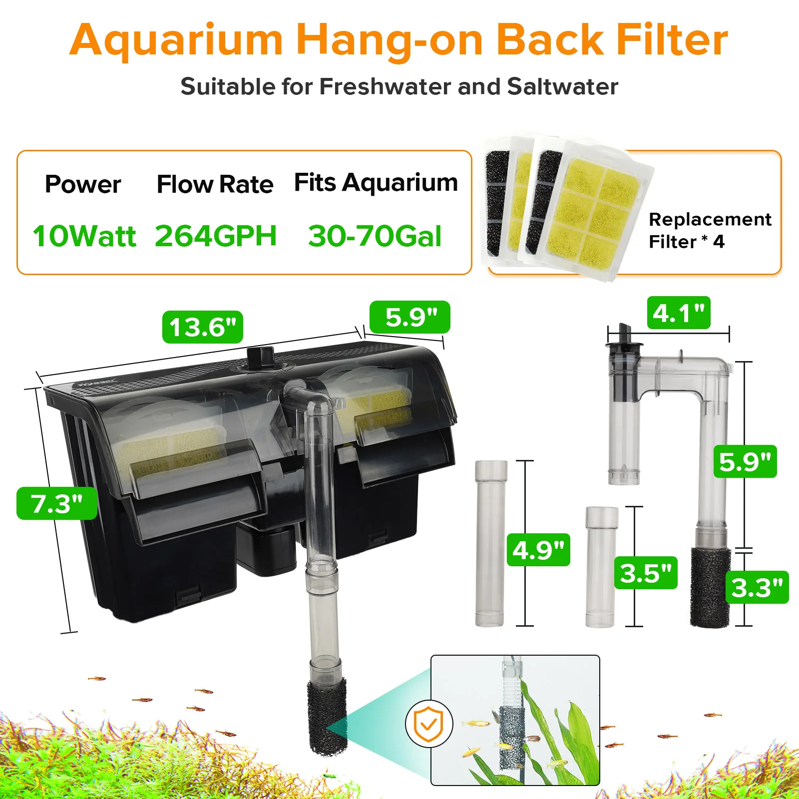 Aquarium Hang-on Back Filter with 10Watt power, 264GPH flow rate, and 30-70Gal capacity for freshwater and saltwater tanks.