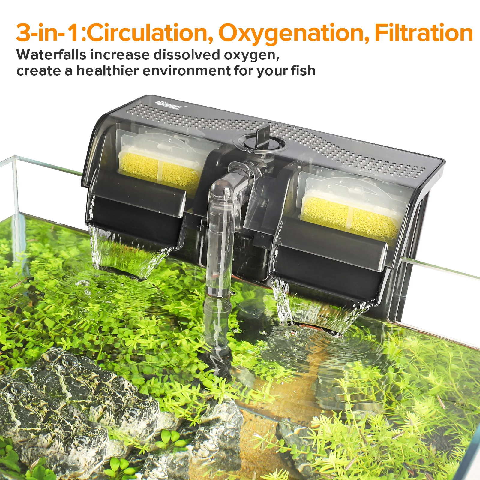 Hygger 3-in-1 aquarium filter with waterfalls for circulation, oxygenation, and filtration in a planted tank