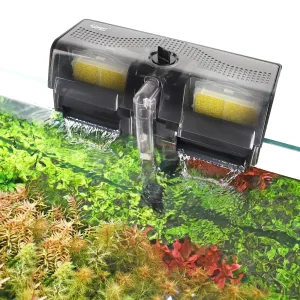 Hygger aquarium filter with sponge media, water circulation, and aquatic plants in a clear tank