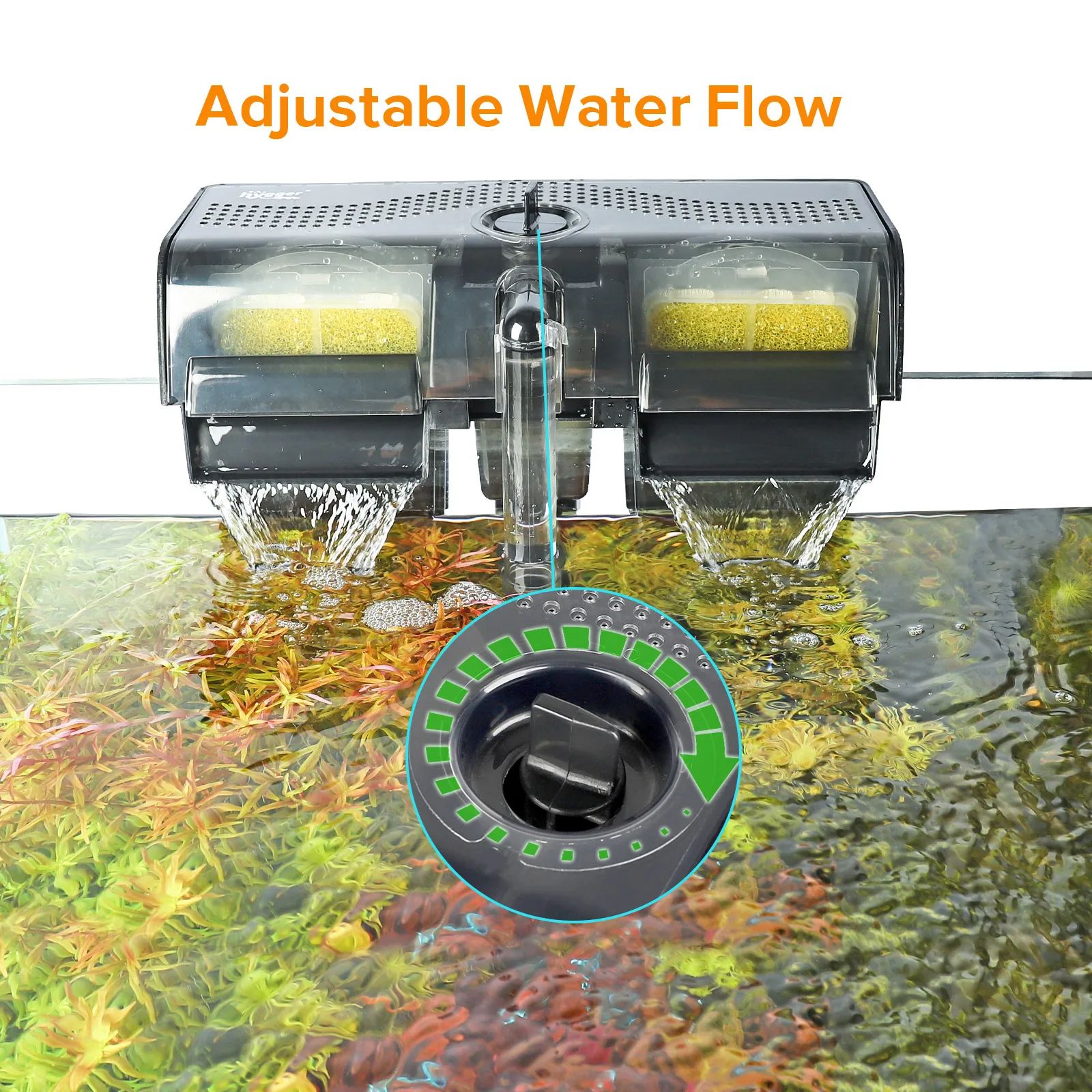 Hygger aquarium filter with adjustable water flow control knob and dual water outlets for planted tank maintenance