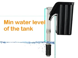 Hygger aquarium water level indicator showing minimum tank level with clear blue water and black device