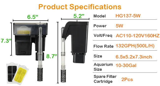Hygger HG137-5W aquarium filter specifications: 5W power, 132GPH flow rate, 6.5x5.2x7.3 inch size, 10-30Gal aquarium compatib