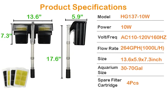 Hygger HG137-10W aquarium filter specifications: 10W power, 264GPH flow rate, 13.6x5.9x7.3 inch size for 30-70Gal tanks, 4 sp