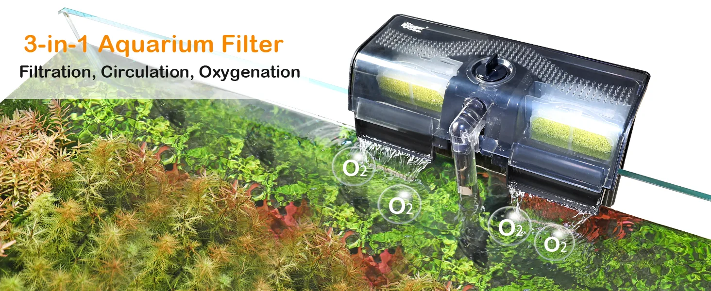 Hygger 3-in-1 Aquarium Filter providing filtration, circulation, and oxygenation for a healthy planted tank with visible O2 b