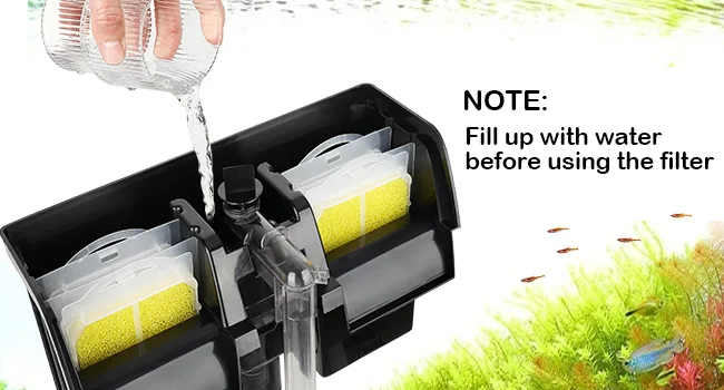 Hygger aquarium filter setup with yellow media cartridges being filled with water for optimal performance