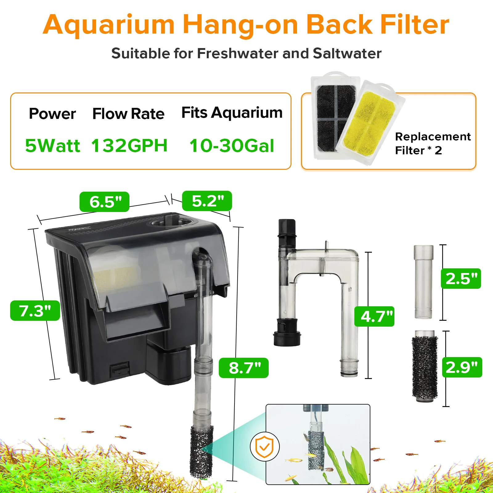 Aquarium Hang-on Back Filter with 5Watt power, 132GPH flow rate, and 10-30Gal capacity for freshwater and saltwater tanks.