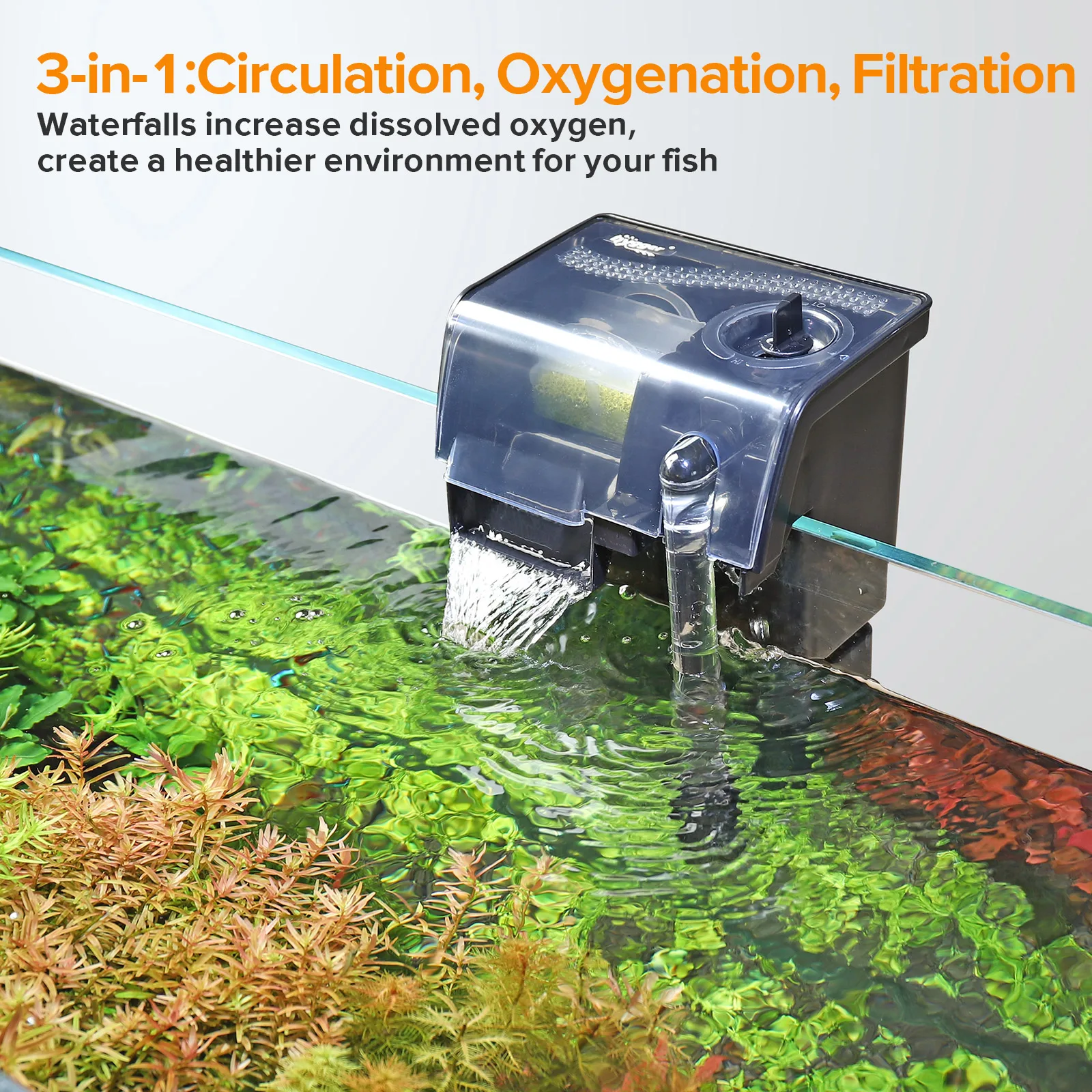 Hygger 3-in-1 aquarium waterfall pump for circulation, oxygenation, and filtration in fish tanks