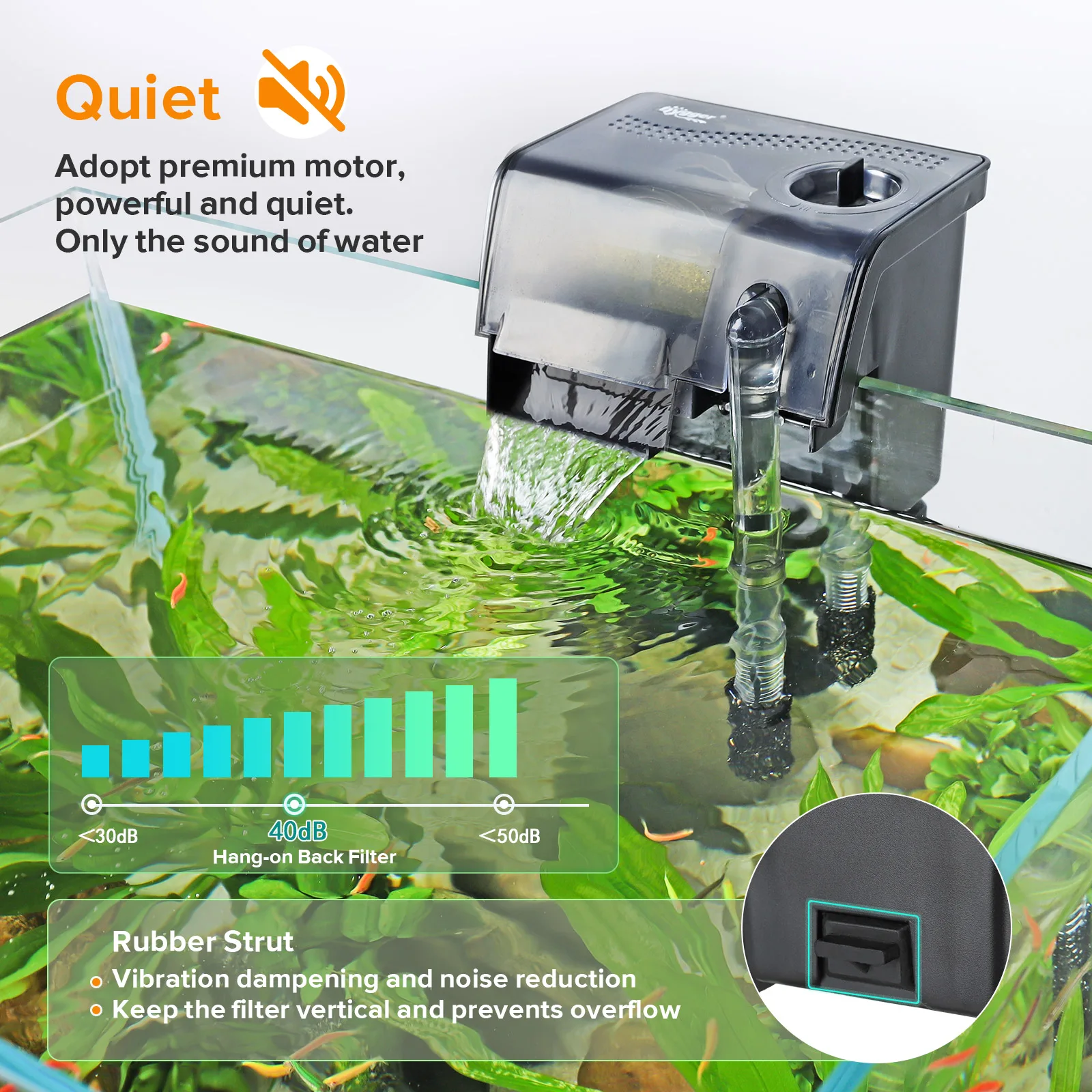 Hygger Quiet Aquarium Filter with Rubber Strut, 40dB Noise Reduction, Water Flow for Fish Tank