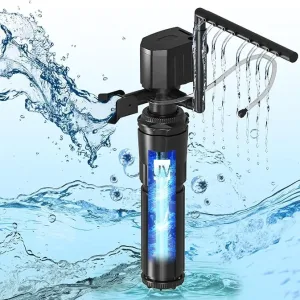 Hygger aquarium water filter with UV sterilization and adjustable flow control, shown with water splashes and bubbles for aqu