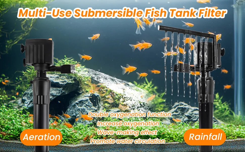 Multi-use submersible fish tank filter with aeration and rainfall features for aquariums, promoting water circulation and oxy