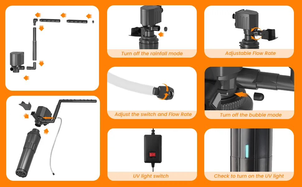 Hygger aquarium pump features: rainfall mode, adjustable flow rate, bubble mode, UV light switch, and assembly instructions f