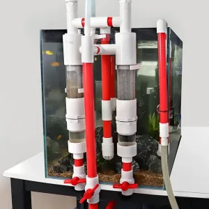 Hygger aquarium with advanced filtration system featuring red and white pipes, mesh filters, and adjustable valves for optima