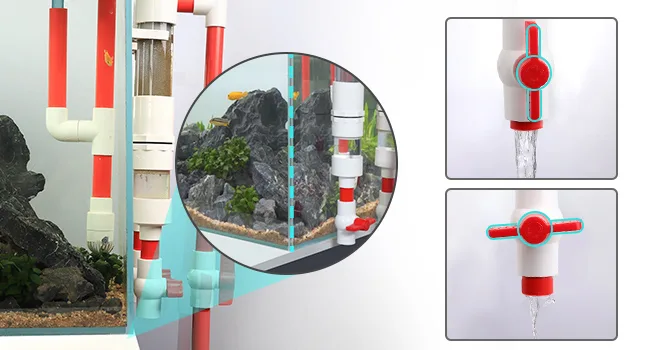 Hygger aquarium water circulation system with red and white pipes, adjustable flow control valves, and a detailed view of the