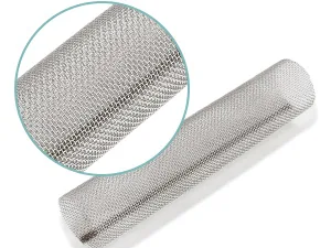 Close-up of stainless steel mesh filter media for aquariums, showing detailed woven structure and cylindrical shape