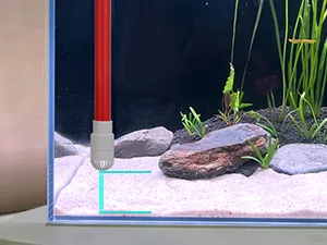 Hygger aquarium with red filter, rocks, plants, and sand substrate