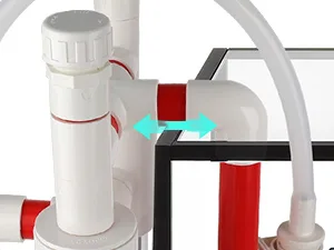 Hygger aquarium water circulation system with white pipes and red connectors, showing water flow direction with blue arrows.