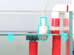 Hygger aquarium filter system with blue arrows showing water flow direction, red pipes, and white components.