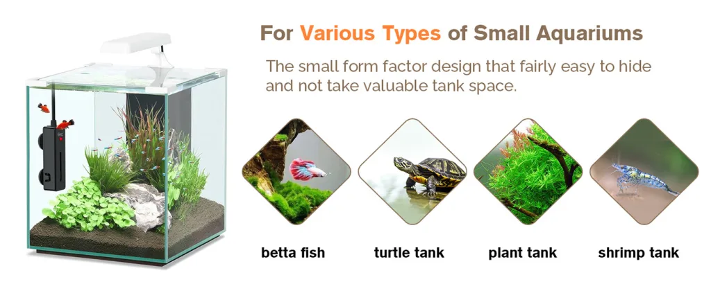 Compact aquarium for betta fish, turtle, plant, and shrimp tanks with small form factor design