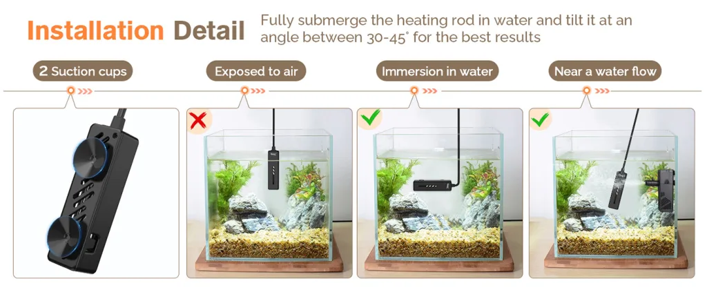 Hygger aquarium heater installation guide: submerge rod in water at 30-45° angle with suction cups, avoid air exposure, ensur