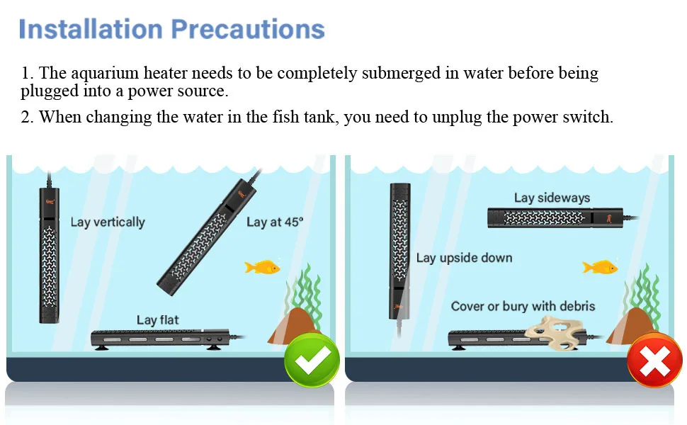 Hygger aquarium heater installation guide: correct (vertical, 45°, flat) vs. incorrect (sideways, upside down, buried) placem