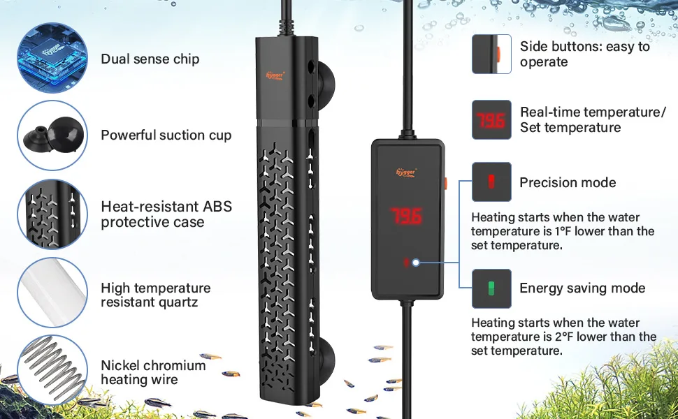 Hygger aquarium heater with dual sense chip, suction cup, ABS case, quartz, and nickel chromium heating wire. Features real-t