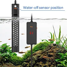 Hygger aquarium heater with water-off sensor, showing position in tank with plants and fish