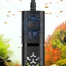 Hygger aquarium heater with digital display, fish swimming in planted tank background