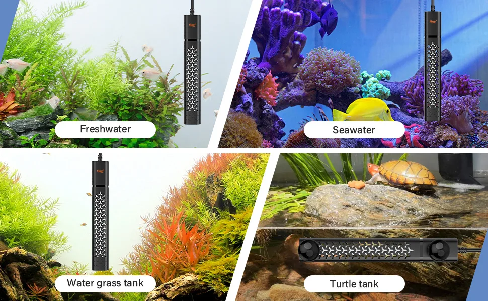 Hygger aquarium heaters for freshwater, seawater, water grass tanks, and turtle tanks with clear labels