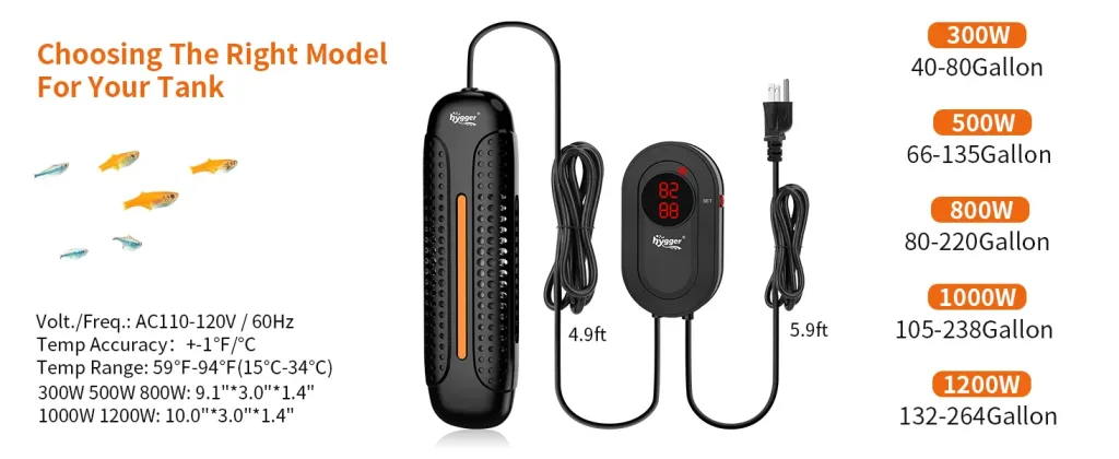 Hygger aquarium heater with digital thermostat for 40-220 gallon tanks, 300W-1200W power options, 59-94°F temperature range
