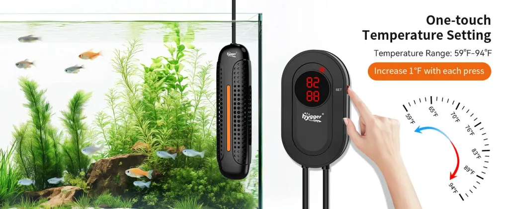 Hygger aquarium heater with one-touch temperature control, showing 82°F display and 59°F-94°F range for fish tank maintenance
