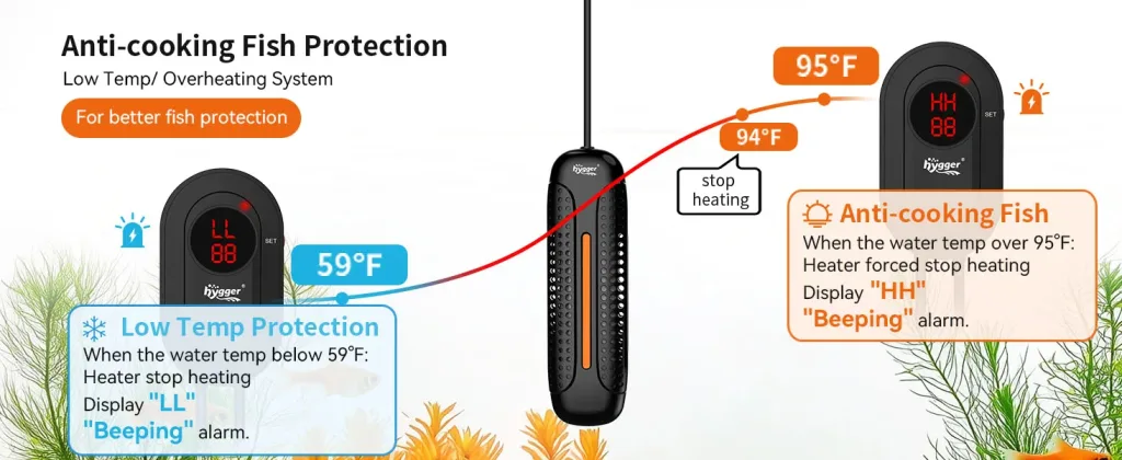 Hygger aquarium heater with low temp and anti-cooking fish protection system for safe fish temperature control