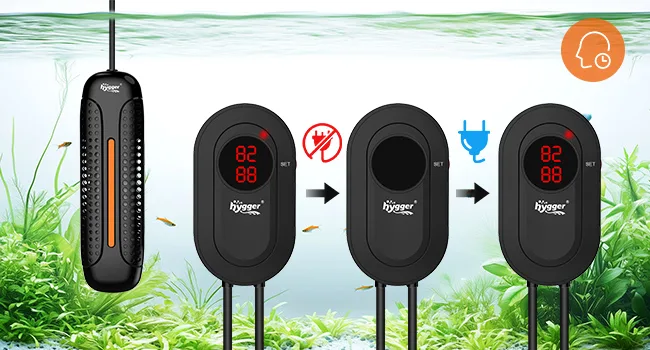 Hygger aquarium heater with digital display showing 82°F, featuring power on/off icons and underwater use in a planted tank