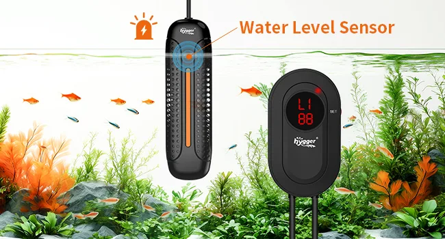 Hygger aquarium water level sensor with digital display showing 88 cm, monitoring tank levels with fish and plants.