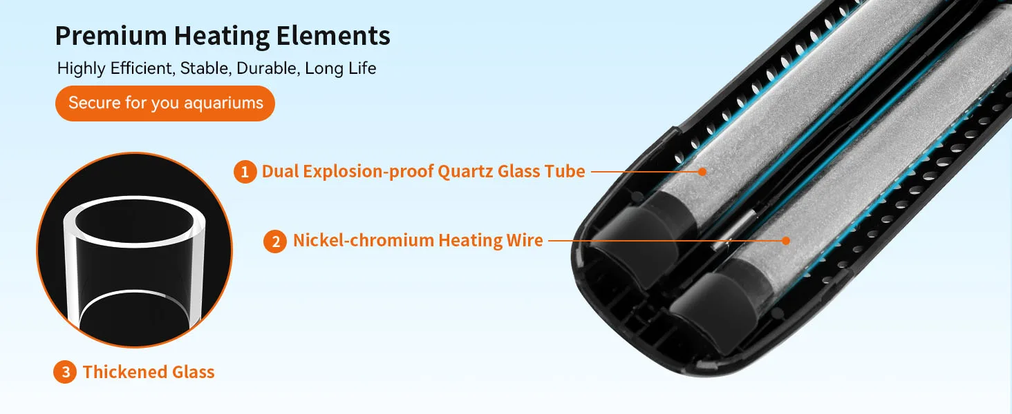 Hygger aquarium heater with dual explosion-proof quartz glass tubes and nickel-chromium heating wire for secure, efficient he
