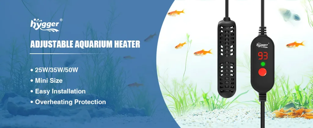Hygger adjustable aquarium heater with digital display showing 93°F, 25W/35W/50W options, mini size, easy installation, and o