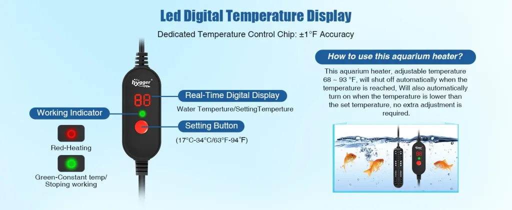 Hygger aquarium heater with LED digital temperature display, real-time water temp monitoring, and adjustable settings for fis