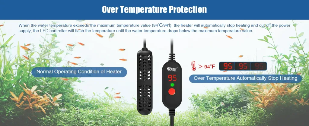 Hygger aquarium heater with over temperature protection, showing normal operation and automatic shutdown at 94°F